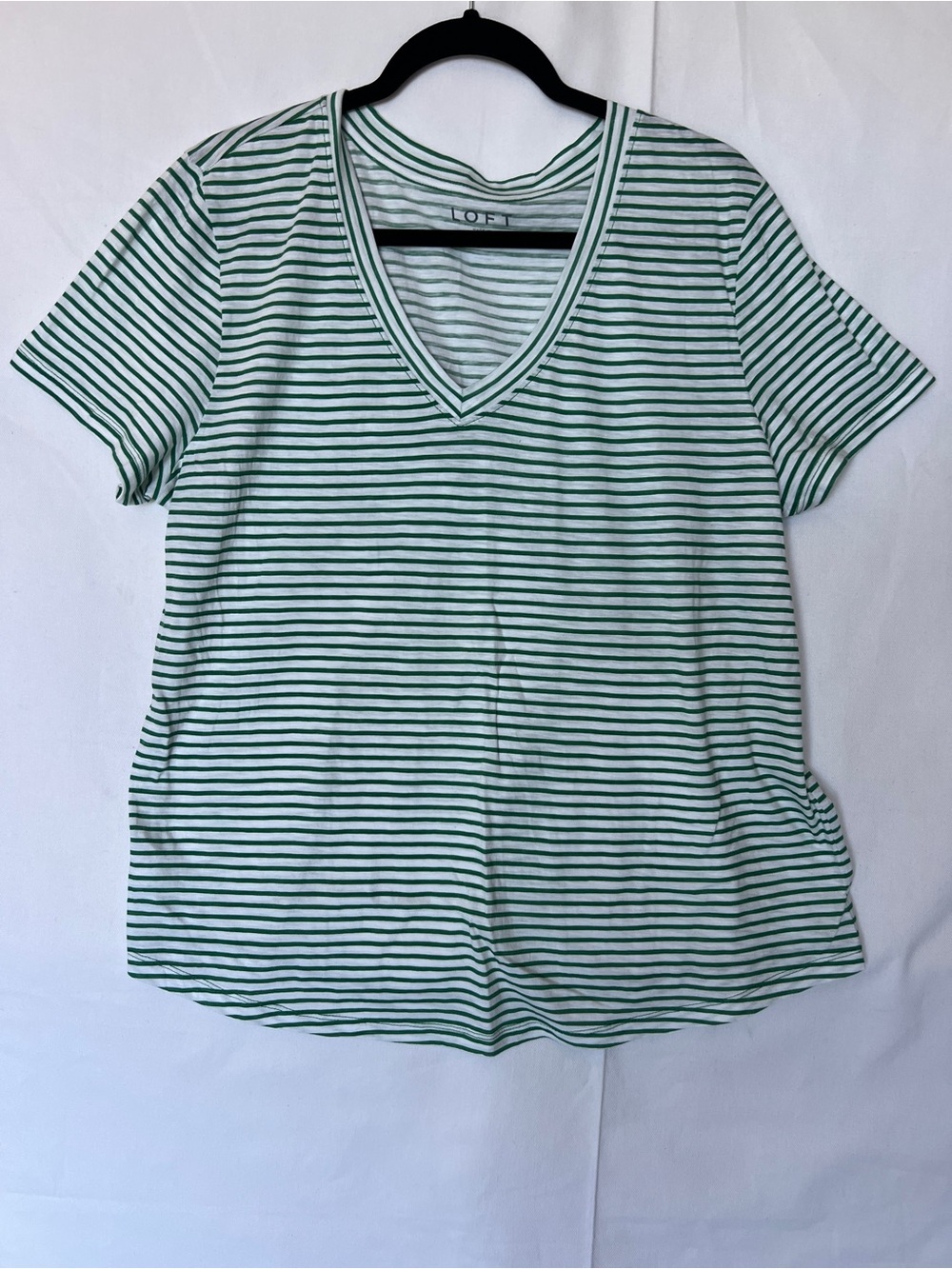 LOFT Green and White Striped V-Neck Short Sleeve Tee XL like new